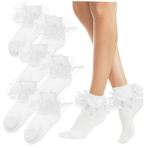 Toddler Girls Lace Ruffle Socks 6-8 Years Cute Frilly Cotton Socks Lace Trim for Everyday Wear and Special Occasions