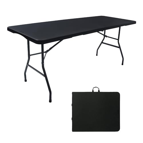 Byliable Black 6ft Portable Folding Table â€“ Heavy Duty Plastic Fold-in-Half Table for Indoor & Outdoor Use, Utility Dining, Camping, Picnic, Party
