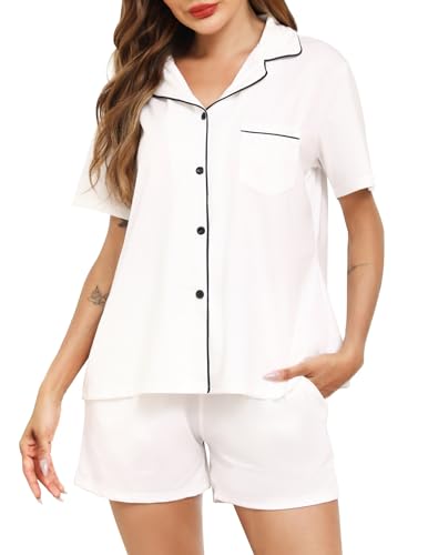 Image of Lovasy Cotton Pyjamas for Women Button Down Ladies Pajamas Short Pjs Set with Pockets,White,S