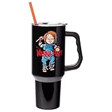 Silver Buffalo Chucky Holding Knife Wanna Play Spooky Scary Double Walled Stainless Steel Tumbler with Handle and Straw, Fits in Standard Cup Holder, 40 Ounces