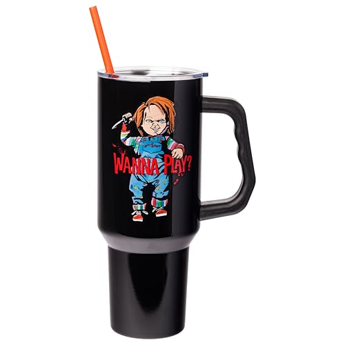 Silver Buffalo Chucky Holding Knife Wanna Play Spooky Scary Stainless Steel Tumbler with Handle and Straw, Fits in Standard Cup Holder, 40 Ounces