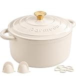 Parmedu 5.5QT Enameled Cast Iron Dutch Oven for Sourdough Bread Baking, Easy to Clean, Versatile for Roasting, Stewing, Braised Chicken, Soup & More(Cream White)