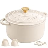 Parmedu 5.5QT Enameled Cast Iron Dutch Oven for Sourdough Bread Baking, Easy to Clean, Versatile for Roasting, Stewing, Braised Chicken, Soup & More(Cream White)