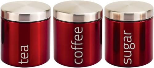Kabalo Metallic Red Set of 3 Tea Coffee & Sugar Canisters Kitchen Storage Containers Jars Pots (10cm x 12cm each)