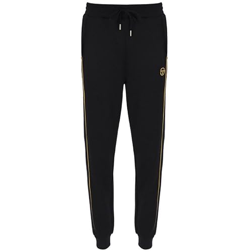 Image of Sergio Tacchini Men's Black Jogger Tracksuit Bottoms with Yellow Piping and Embroidered Logo, UK Size - S
