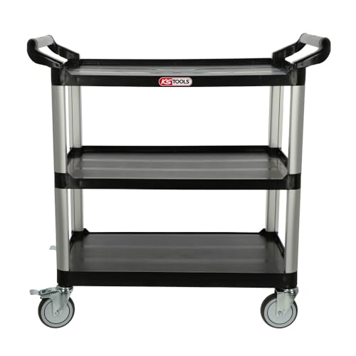 KS TOOLS - 890.0025F - Chariot d'atelier - Desserte à roulettes ouverte à 3 plateaux - Gain de rangement pour atelier - Chariot à roulettes avec charge de 50kg par tiroirs