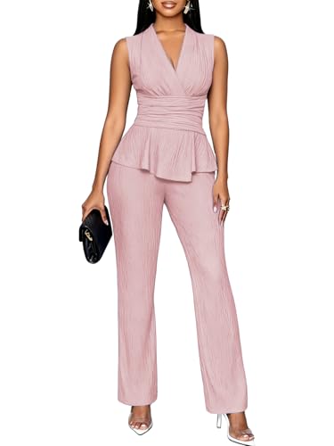 TOPSRANI Womens Bodycon Lounge Sets Two Piece Outfits Casual Sweatsuits Tracksuit V-Neck Sleeveless Cute Pants Sets Solid Light Pink XXL