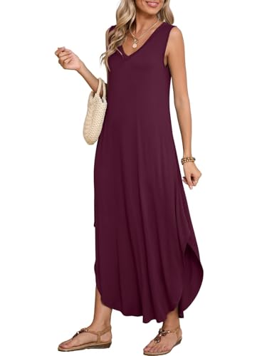 Image of BELAROI Womens Plus Size Maxi Dress Sundress Summer Casual Sleeveless V Neck Pockets Beach Swimsuit Coverup Loose