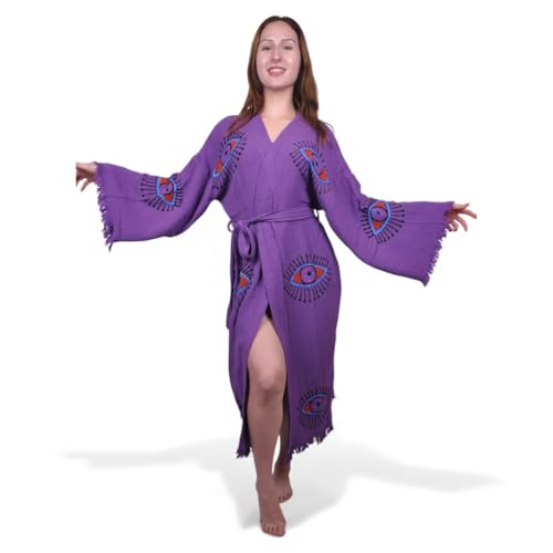 Image of Purple Evil Eye Robe - Turkish Cotton Spa Robe - Handmade Festival Women Kimono - Boho Long Cardigan - Dressing Gown