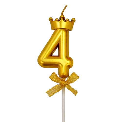 Image of Rozi Decoration Number 4 Birthday Candle for Cake with Crown Design | Gold Metallic Number Candle with Stick | Fourth Birthday Cake Topper for Baby, Kids and Party Celebration