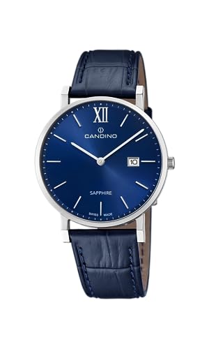 Candino Swiss Herren Analog Uhr Blaues Leder - Quarzwerk - Kalender - Saphirglas mit hoher Widerstandsfähigkeit - Wasserdicht 5 ATM Elegant C4724/2 Couple Classic