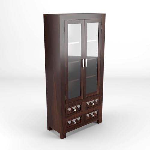 Image of Wood Book Shelf for Home Library | Book Shelf with Glass Door | Kitchen Crockery Cabinet, Almirah, Home,Office Study Room Furniture Books Rack (Walnut Finish)