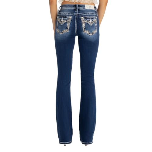 Miss Me Womens Mid-Rise Cheyenne Border Faux Flap Pockets Bootcut Jeans (Dark Blue 29W x 34L)