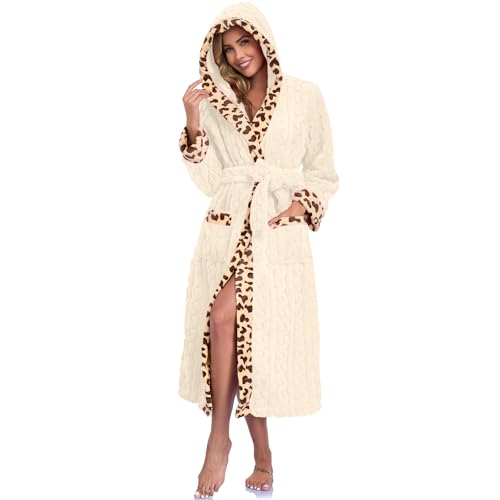 RONGTAI Bathrobe for Women Fuzzy Fleece Soft Long Robe Shawl Collar with Leopard Print and Pockets (Off-white XXL)