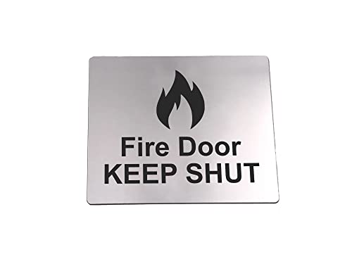 Image of Fire Door Keep Shut Sign Adhesive Sticker Notice, Metallic Silver Engraved Black with Universal Icon Symbol and Text (Size 12cm x 10cm)