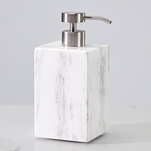 White Marble Soap Dispenser, Natural Organic Marble Soap Pump with Metal Push Pump, Elegant Square Hand Lotion Jar, Premium Heavy Duty Pump Bottle, Lotion Jar for Kitchen, Bathroom, Laundry Room
