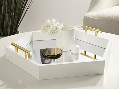 Image of Kate and Laurel Lipton Modern Hexagon Mirrored Tray; 18 x 18; White and Gold; Midcentury Decorative Serving Tray for Storage and Display