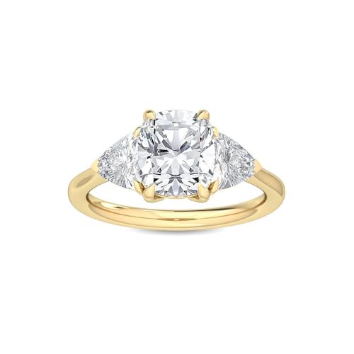 Carat 14k Yellow Gold Cushion Trilliant Cut Lab Grown Diamond Three Stone Engagement Ring