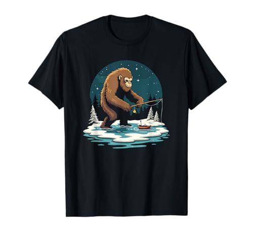 Funny Bigfoot Ice Fishing Fisherman Winter Yeti Sasquatch T-Shirt