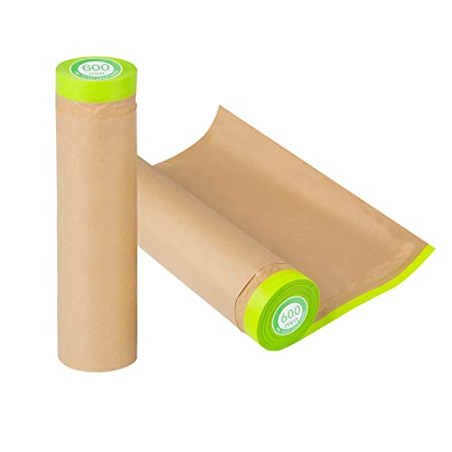 Pre-Taped Masking Paper For Painting - 24 Inch X 50 Feet Tape And Drape Painters Paper, Paint Adhesive Protective Paper Roll For Covering Skirting, Frames, Cars And Auto Body (2 Rolls) #TOP8