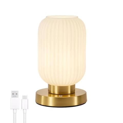 Feasey Rechargeabl White Glass Table Lamp,Vintage Ribbed Bedside Lamp — $67.50 (10% off)