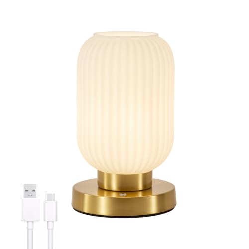 Feasey Rechargeabl White Glass Table Lamp,Vintage Ribbed Bedside Lamp