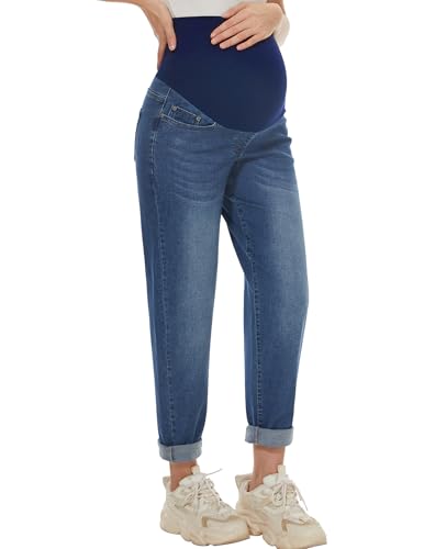 AVOG Maternity Boyfriend Jeans High Waisted Stretchy Denim Pregnancy Pants with 4 Pockets, Dark Blue, Large