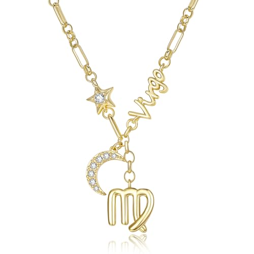 14K Gold Zodiac Necklace for Women - Horoscope Constellation Pendant with Moon and Star, Luxury Birthday Gifts Jewelry for Her (12 Zodiac Signs)
