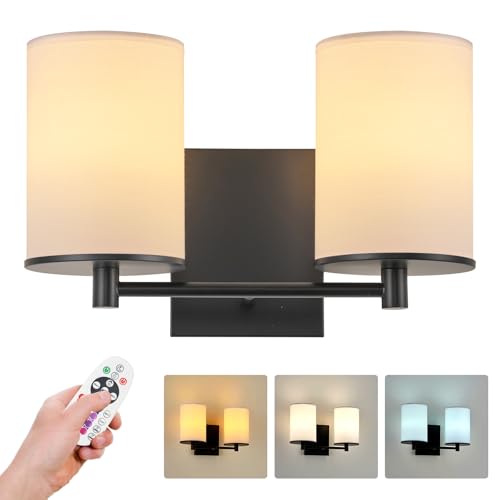 Image of Battery Operated Double Wall Sconce,Rechargeable Battery Powered Vanity Lights,Cordless No Wiring Dimmable Double Sconce with Remote Control for Bedroom Living Room