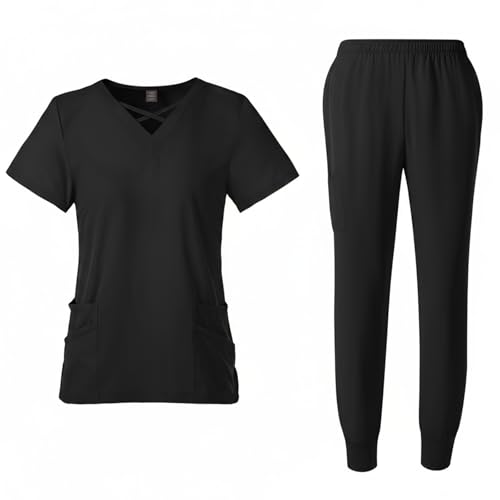 Meichoon - Set de uniformes médicos para mujer - Top elástico con cuello redondo y 4 bolsillos - Pantalones de yoga de secado rápido con cordón - Ropa de trabajo médica DK53Negro M