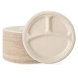 ECOLipak Compostable Disposable 3 Compartment Paper Plates, 10 inch, Nature