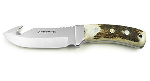 PUMA IP – Schwarzwild Stag - Full-Tang Jagdmesser mit Skinner-Klinge & Aufbrechhaken - 120mm Klinge aus 440C Stahl (57-60 HRC) - Griffschalen aus echtem Hirschhorn - mit Lederscheide (Art.Nr.: 810055)