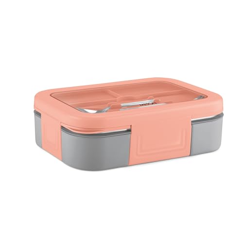 Image of MILTON Ethan 2 Inner Stainless Steel Tiffin Box for School, 2 Partition, Steam Release Plug | PU Insulated, Leak-Proof, Food Grade I Lunch Box for Kids Boys, Girls with Snap Lock Lid, 650 ml, Peach