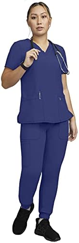 STAT MEDICAL WEAR Women Scrub Set, V-Neck Top with 3 Pockets and Drawstring Jogger Pant with 5 Pockets - 100210, S, Navy