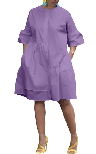 Image of Choichic Button Down Shirt Dresses for Women with Pockets Flare Bell Sleeve A-Line Midi Tunic Dress