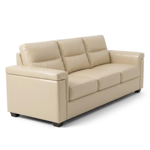 Image of FURNY Parker 3 Seater Fabric Sofa Set with Leatherette Finish | Durable Comfort | Ideal for Living Room | Modern Design (Cream Leatherette)