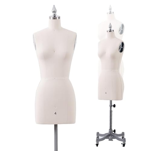 PDM WORLDWIDE Industry Grade Sewing Mannequin Female Size 4, Professional Dress Form for Garment Design, Height Adjustable Mannequin for Sewing & Draping with Stable Metal Base & 360°Casters