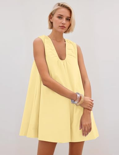 Image of MISSACTIVER Women's Sleeveless Babydoll Tank Mini Dress Scoop Neck Ruched Short Dress with Side Pockets Summer Party Dresses