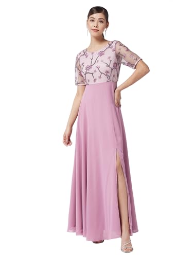 Image of Miss Chase Women's Round Neck Sleeve Embellished Fit Flare Maxi Dress