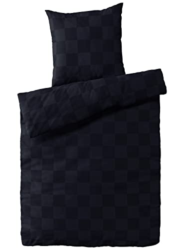 CARPE SONNO Bettwäsche Baumwolle Luxus Damast - Bettwäsche 135x200 2er Set mit Bett Bezug + Kissenbezug 80x80 cm - Hotelbettwäsche Baumwoll Bettwäsche - Luxus Bettwäsche - Kariert in Nachtblau Cover