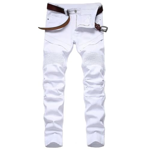 Men's Ripped Straight Slim Moto Biker Jeans Pleated Holes Decorative Denim Pants Casual Trousers2