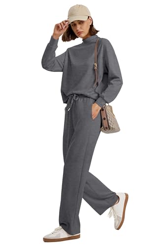 Image of WIHOLL Two Piece Sets for Women Fall Outfits Lounge Sets Mock Neck Tops Wide Leg Pants Vacation Travel Airport Outfits