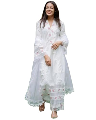 Kurta pour femme en coton brodé haut de gamme, tenue traditionnelle blanche avec pantalon XL