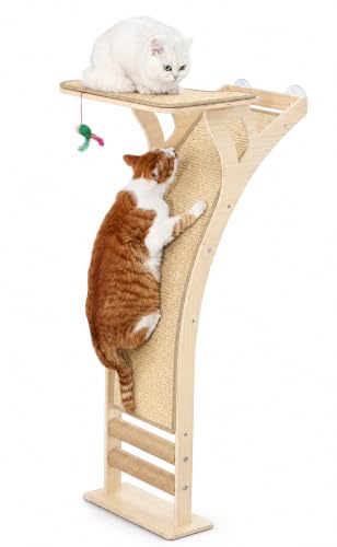 Image of Cat Window Perch with Scratcher Ramp, 48 inch Climbing Tree Suctions Cups to Window Maximum Hold Up to 45lb, Wood Kitty Bed for Small Window (Drilling-Free)