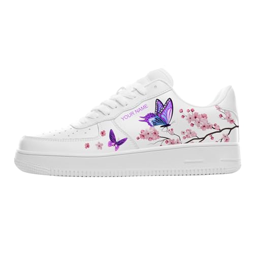 Custom Name Fashion Sneakers, Personalized Cute Butterfly Womens Sneakers Casual Walking Everyday Shoes, White Dress Sneakers for Women Adult Unisex