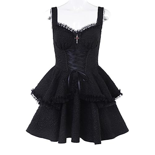 CHUNNUAN Goth Dark Lolita Mall Gothic Plisado Vendaje Vestidos Harajuku Grunge Elegante Aline Mini Vestido Mujer Rayado Encaje Partywear-Negro,M