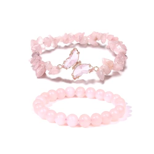 COLORFUL BLING 2Pcs Natural Irregular Chip Stones Butterfly Bracelet Set Gemstone Healing Chakra Crystal Bracelet Reiki Yoga Bead Stretch Bracelet Jewelry Mediation Gifts