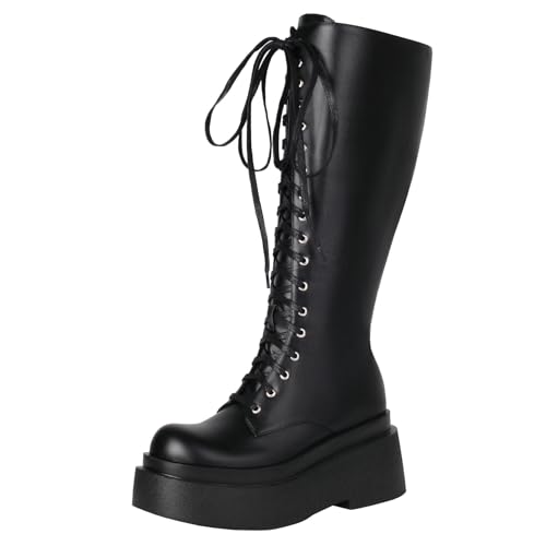 Image of Parisuit Women's Knee High Goth Platform Boots Lace Up Combat Boots