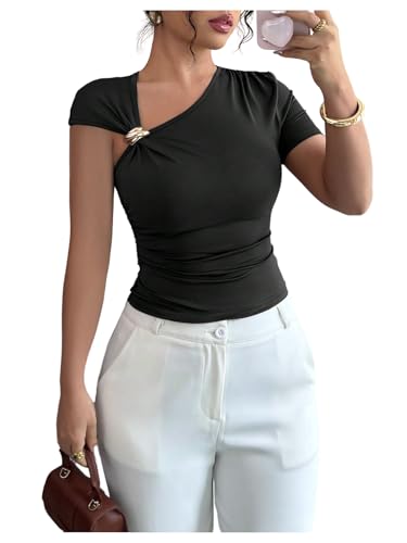 Milumia Women's Metal Asymmetrical Neck Short Sleeve T Shirt Ruched Slim Fit Going Out Tee Tops