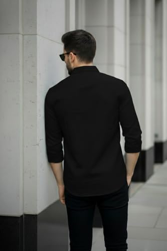 Image of DEELMO Men's Classic Cotton Blend Slim Fit Shirt || Full Sleeve Button-Down Casual Shirt with Dual Flap Pockets || Soft Breathable Fabric || Ideal for Office Party and Everyday Wear